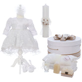 Set bumbac botez fete, model Flori de Bumbac, Trusou, Rochie cu trena si Lumanare, REC3249